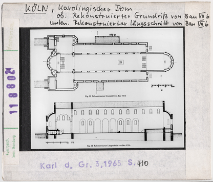 Vorschaubild Köln: Karolingischer Dom, Rekonstruierter Grundriss von Bau VII b und Längsschnitt 